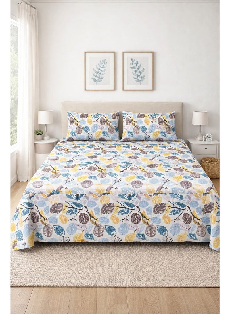 King Size Bedsheet, With 2 Pillow Covers, Modern Geometric Bedding Set, King Size 240x220 cm, Cotton Blend Bed Sheet with 2 Pillowcases, Navy Blue, Black Tan White Leaves Pattern. Anti-Allergic Fabric.  King Size Bed Sheet - Image 1